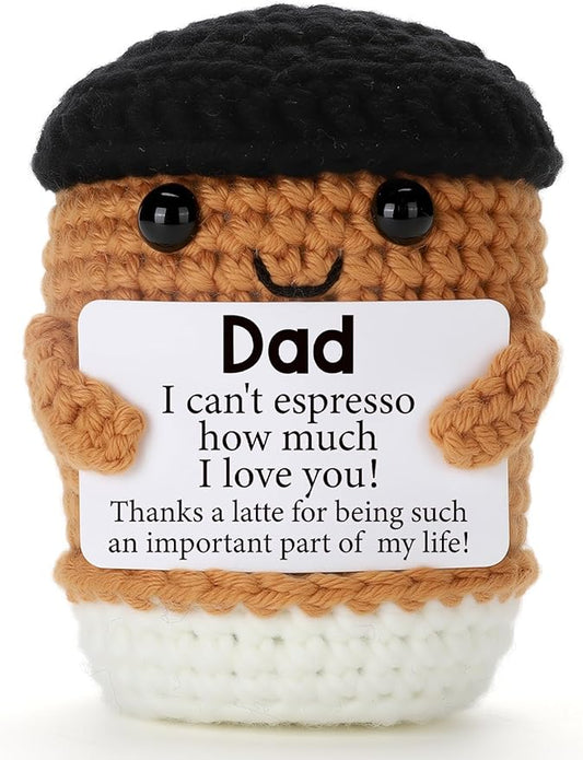 Mini Funny Coffee Dad Gifts from Daughter Son Wife, Handmade Crochet Fathers Day Birthday Gift for Daddy Bonus Step New First Time Dad Husband, Office Desk Decor Handmade Emotional Coffee
