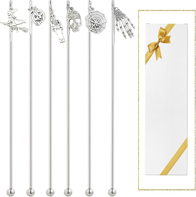 6Pcs Halloween Skull Charms Cocktail Stirrers Swizzle Sticks Stainless Steel 7.5" Coffee Beverage Stir Sticks for Mixing Cocktail, Hot Cocoa, Creamer