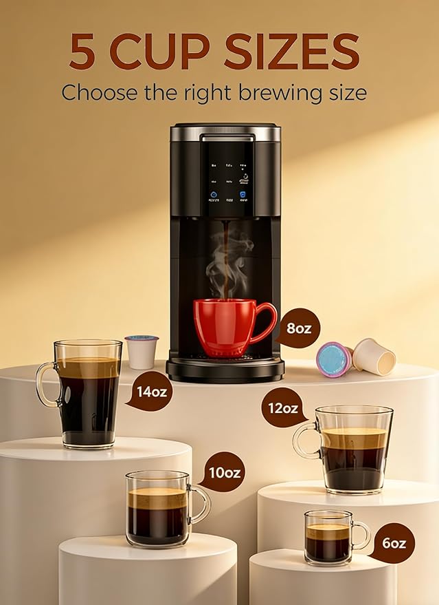 COWSAR Single Cup Coffee maker, Coffee makers with 40 Oz Water Tank, single serve coffee machine 5 Brew Sizes Up To 14 Oz, Coffee machine with Capsule and Ground Coffee