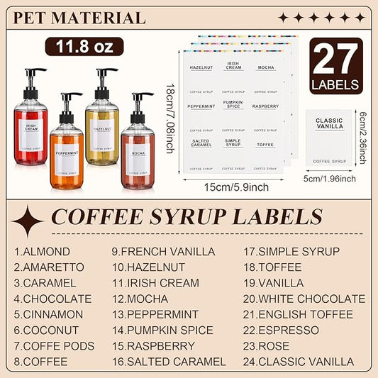 Mumufy Set of 12 Coffee Syrup Dispenser PET Syrup Pump Bottle Black Plastic Container with 27 Labels for Kitchen Restaurant Home Bar Accessories Organization(11.8 oz)