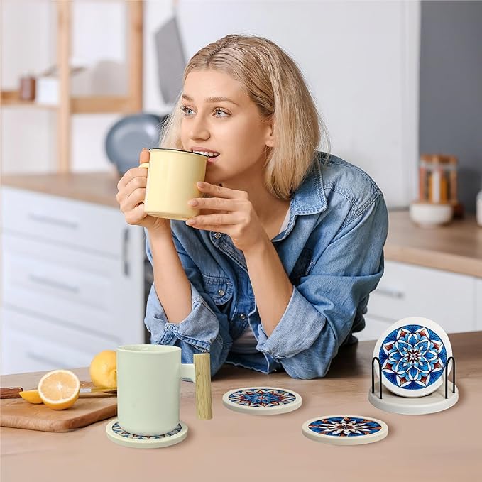 Indigo Floral Non-Slip Silicone Coasters, 4-Pack Double-Sided Absorbent Cup Mats for Hot & Cold Drinks, Scratch & Water Ring Protection for Wood Tables, Home Office Bar Use (6PC Wanda La)