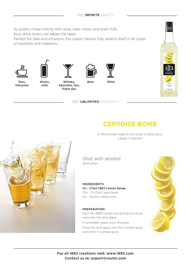 1883 Lemon Syrup for Drinks, Made in France, 1 Liter Plastic Bottle