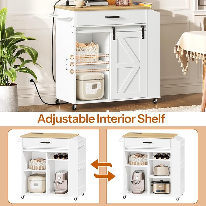 HOOBRO Kitchen Island on Wheels, Rolling Island Cart with Power Outlet, Kitchen Storage Table with Sliding Barn Doors, 1 Drawer and Spice Rack, for Home, Dining Room, White WN60UZD01
