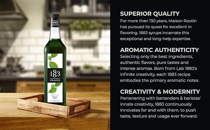 1883 Basil Syrup for Drinks, Made in France, 1 Liter Glass Bottle