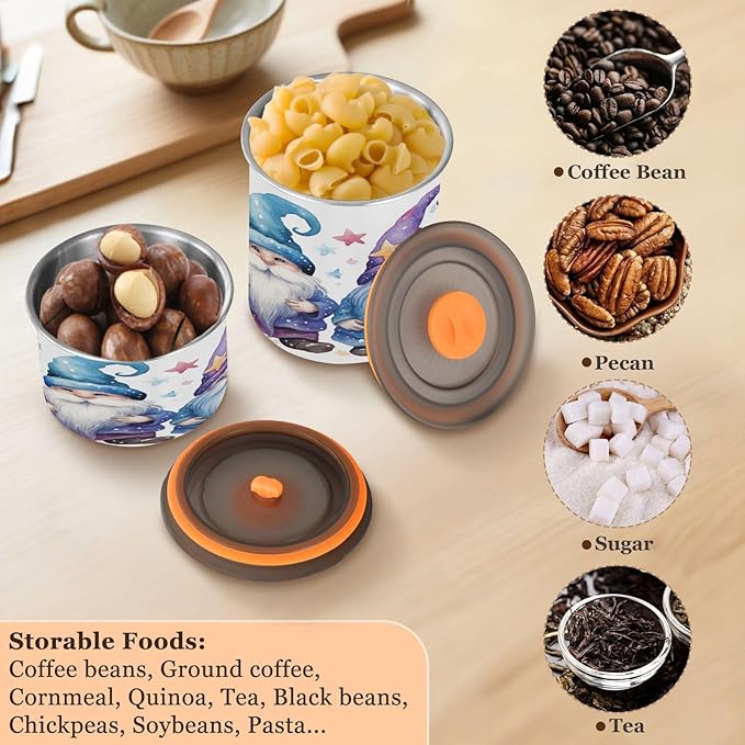 YETTASBIN Cute Gnome Airtight Food Storage Containers 500ml/19oz, Stainless Steel Coffee Canisters with Vacuum-Lock Lid for Kitchen Organization, Coffee Bean, Tea, Sugar, Flour