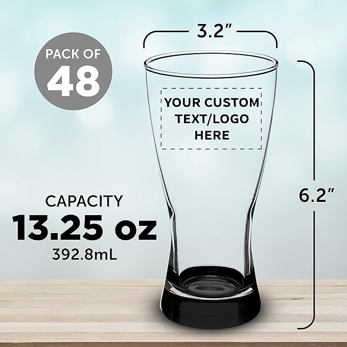 Custom Pilsner Glasses 13.25 oz. Set of 48, Personalized Bulk Pack - Made in the USA, Perfect for Hotels, Restaurants, Bars and Even Part Favors - Black