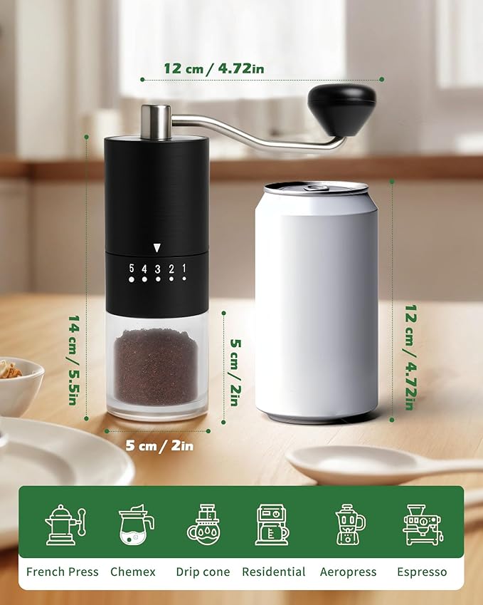Stainless steel Burr Manual Coffee Grinder for Drip French Press,5 Adjustable Settings,Hand Coffee Grinder,For Home Use and Camping,Coffee Bean Grinders With Hand Crank (Stainless steel Burr-Black)