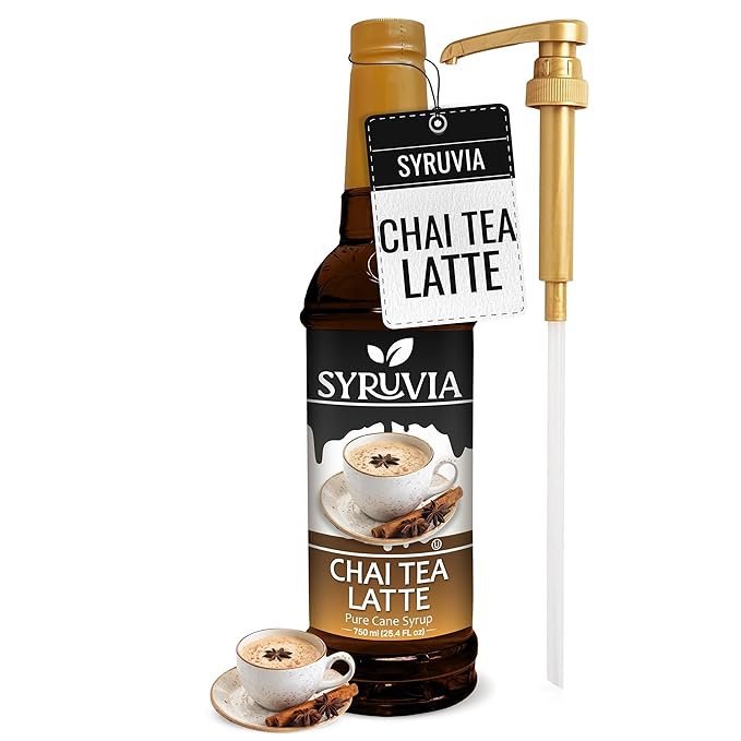 Syruvia Chai Tea Coffee Syrup - 25.4 fl oz. Ideal for Enhancing Drinks, Sodas, Shakes, Desserts, and More With Pump