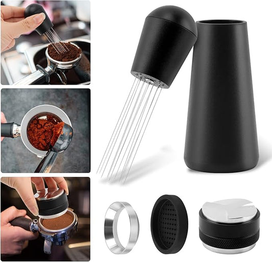 51mm Espresso Accessories Kit, Espresso Distribution Tool, Tamper Leveler and Dosing Funnel Barista Kit with WDT Tool Fits Portafilter Tamper 51mm(COLOR:Black)