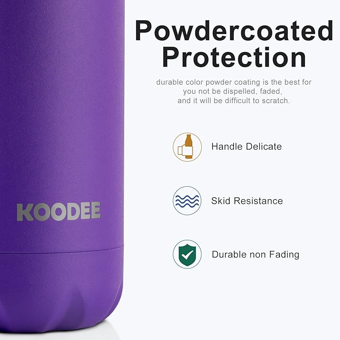 koodee Insulated Water Bottle 2 Pack-17 oz Stainless Steel Double Wall Vacuum Leak Proof Sports Water Bottle, BPA Free Water Bottle (2 Pack Purple)