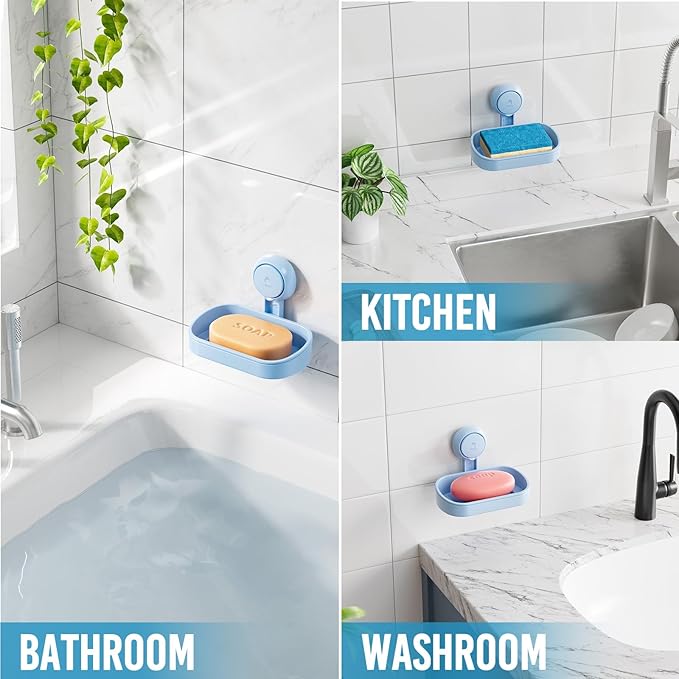 TAILI Soap Dish Bar Holder Suction Cup,Soap Saver with Powerful Vacuum Suction,Sponge Holder for Shower,Bathroom,Tub and Kitchen Sink, Universal Shower Accessories,Drill-Free,Removable,Blue