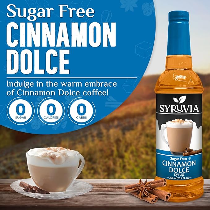 Syruvia Sugar Free Coffee Syrup, Cinnamon Dolce Flavored Syrup for Drinks, Lattes, and Desserts – 25.4 fl oz, With Pump