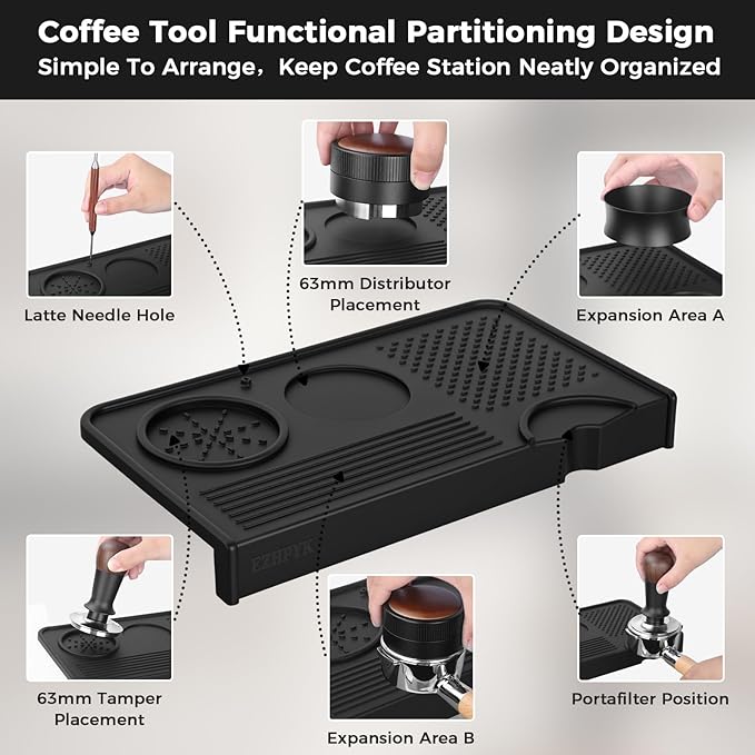 EZHPYK Espresso Tamping Mat for Counter – Food Grade Silicone Multi-Slot Coffee Tamper Mat for Barista Espresso Machine Accessories – Waterproof Neat Tamp Station Coffee Bar Mat for Countertop Black