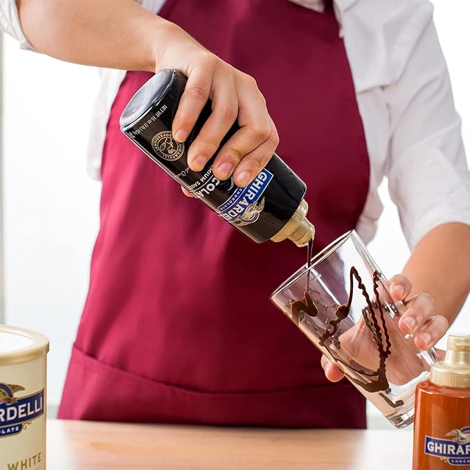 Ghirardelli Black Label Chocolate Sauce 87.3 Ounce Bottle with Ghirardelli Stamped Barista Spoon & Pump