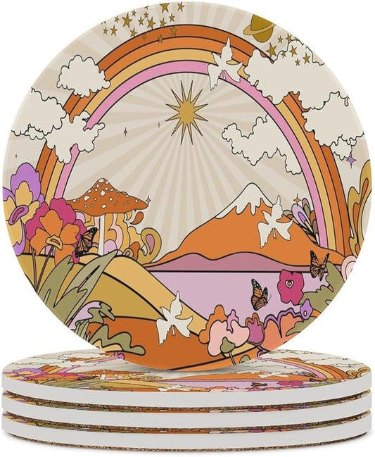 Round-4PCS Botanical Drink Coasters, Round Modern Ceramic Absorbent Coasters, Abstract Cartoon Colorful Mushroom Flower Butterfly Pattern Decor Desk Coffee Table Coaster for Beverage Cup Tea Coasters