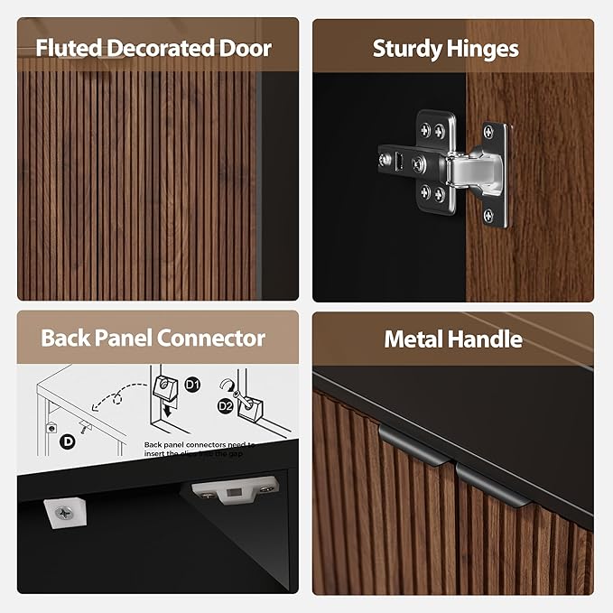 Mericonia Farmhouse Buffet Sideboard Cabinet with Storage, Fluted Coffee Bar with Doors and Adjustable Shelves, Modern Wood Console Cabinet for Kitchen, Livingroom (Fluted 2 Door, Black & Walnut)