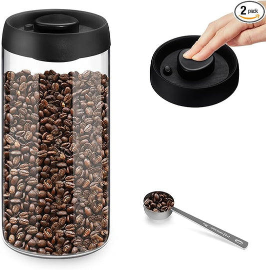 Vacuum Coffee Canister for Coffee Bean Storage, 1.8L/60.9oz Airtight Coffee Storage Container, Glass Manual Vacuum Seal Coffee Container with Scoop for Bean, Ground, Tea