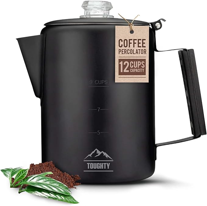 Toughty Yosemite Percolator Coffee Pot – Classic Stovetop Coffee Maker for Camping, Hiking & Home, Durable Stainless Steel Pot, Compatible with All Stovetops – Old-Fashioned 12-Cup Percolator, Black