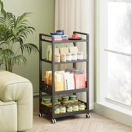 Kitchen Rolling Cart,4 Tier Mobile Utility Snack Cart with Adjustable Shelf, Fruit and Vegetable Storage on Wheels for Kitchen, Bathroom, Office,Coffee Bar Black