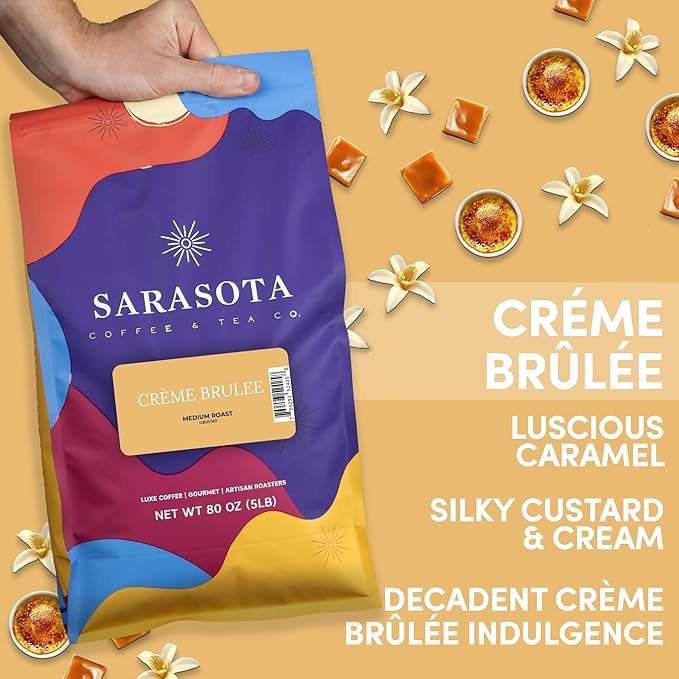 Sarasota Coffee Ground Creme Brulee | Medium Roast Gourmet Flavored Coffee Grounds | Low Acid, Mold Free, Specialty Grade Flavored Bulk Ground | 5lb (80 oz)