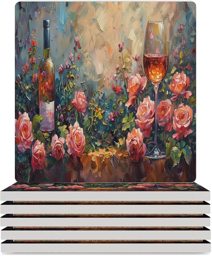 6PCS Red Wine Drink Coasters, Square Modern Ceramic Absorbent Coasters, Oil Painting Style Red Wine Grapes Floral Rose Flower Decor Desk Coffee Table Coaster for Beverage Cup Tea Coasters