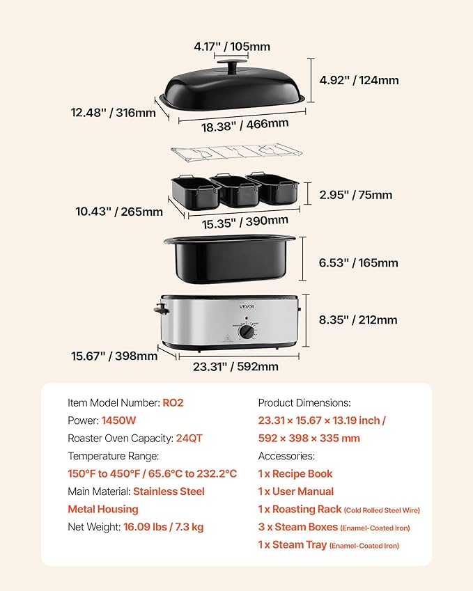 VEVOR Roaster Oven, 24QT Electric Turkey Roaster Oven, 150-450℉ Adjustable Temperature Electric Roasting Pan with 3 Bin Buffet Server, Self-Basting Lid, Defrost & Warm Function, Self-Basting Lid