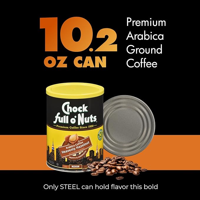 Chock Full o’Nuts Heavenly Hazelnut Ground Coffee (10.2 Oz. Can) – Arabica Coffee Beans – Aromatic and Smooth with a Rich, Nutty Flavor