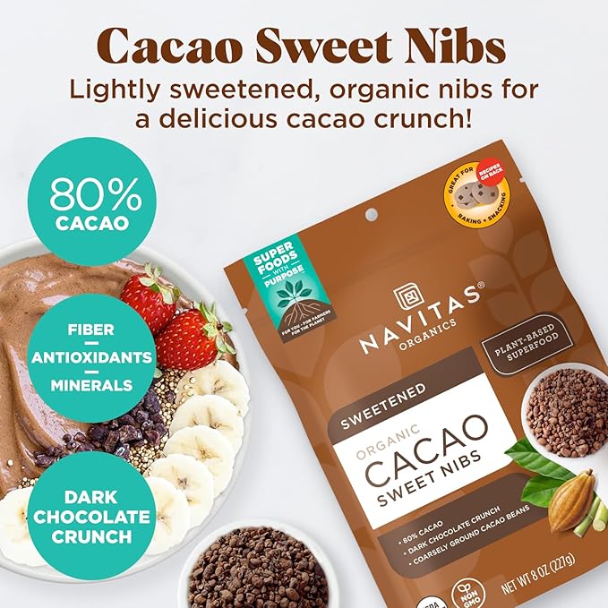 Navitas Organics Cacao Nibs – Sweetened Dark Chocolate Crunch – Antioxidants, Minerals, Fiber – For Trail Mix, Baking & More – USDA Organic, Fairtrade, Non GMO, Gluten Free, Non-alkalized (8oz. Bag 57 Servings)