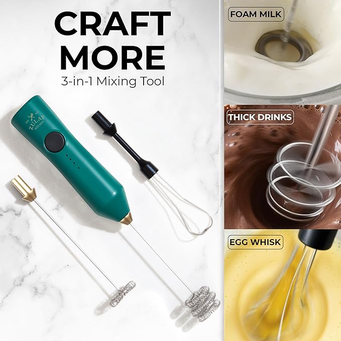 Zulay Kitchen Rechargeable Milk Frother - Dynamic - 3 Speeds, 3 Whisk Attachments, 500 mAh USB Charging, Drink Mixer For Latte, Cappuccino, Matcha, Protein Powder, Coffee Foam - Green Gold