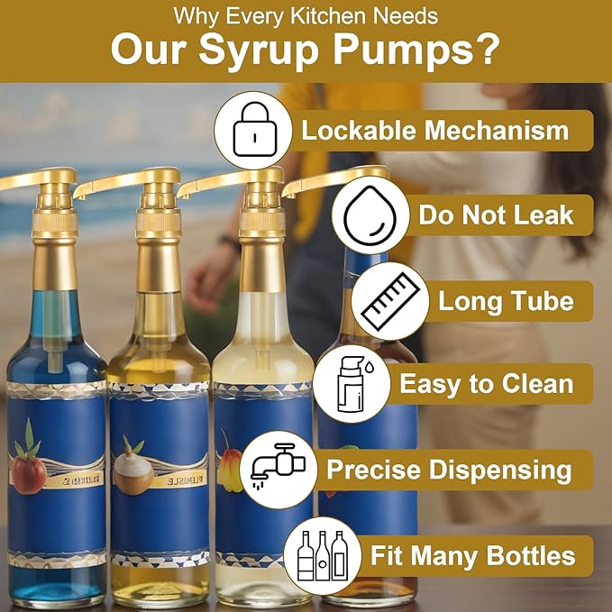 12 Pcs Coffee Syrup Pump with Tip Cover, Gold Reusable Coffee Syrup Pump Dispenser Fits 750 ml Skinny Bottles, Great for Home, Coffees Bar Drinking Mixes, Tea, Beverage, Cocktails