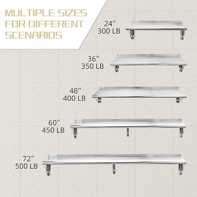 HALLY SINKS & TABLES H Stainless Steel Shelf 18 x 48 Inches, 400 lb, Commercial Wall Mount Floating Shelving for Restaurant, Kitchen, Home and Hotel