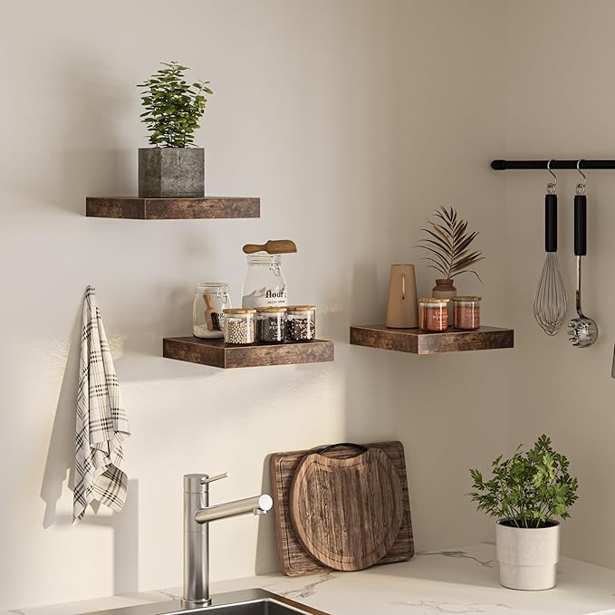Square Floating Shelves for Wall, 12"W x 12"D x 1.4"H, Small Wooden Wall Mounted Display Shelf with Invisible Brackets for Living Room, Bedroom, Bathroom, Kitchen Decor, Set of 3, Rustic Brown