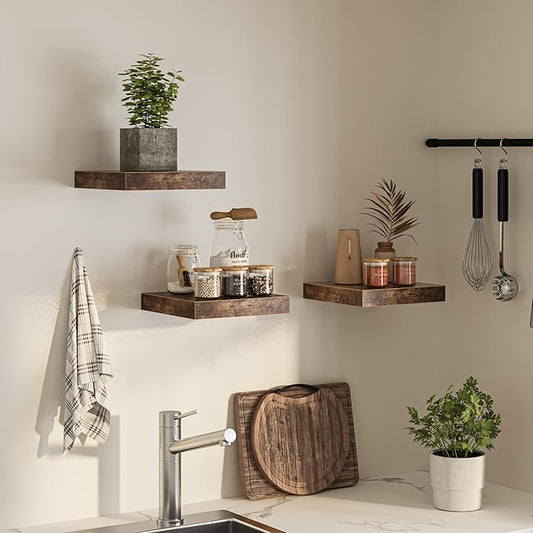 Square Floating Shelves for Wall, 12"W x 12"D x 1.4"H, Small Wooden Wall Mounted Display Shelf with Invisible Brackets for Living Room, Bedroom, Bathroom, Kitchen Decor, Set of 3, Rustic Brown