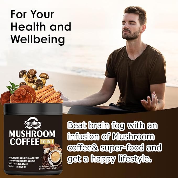 Mushroom Coffee, 10 Mushroom Extract Powder Blend Lion's Mane, Reishi, Chaga, Cordyceps, Turkey Tail, Brain Supplements with Instant Coffee for Energy, Focus, Memory and Immunity 300g