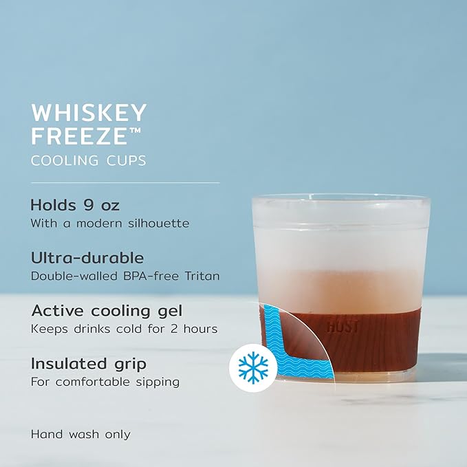 Host Whiskey Freeze Glasses, Double Old Fashioned Glasses with Oak Wood Design Silicone Band, Chill Without Dilution for Bourbon, Vodka, Rum, Bourbon Gifts for Men, Gifts for Him, 9 oz, Set of 2