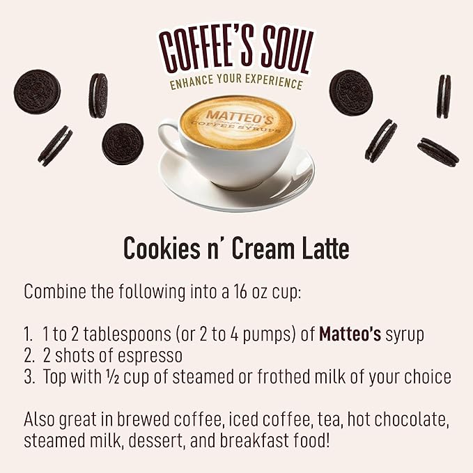 Matteo's Cookies and Cream Syrup for Coffee, Lattes, Cappuccinos & Desserts – Sugar-Free Sweetener for Beverages, Keto Friendly, Zero Calories, Indulgent Flavor, Non-Alcoholic, 33.8oz (6pk)