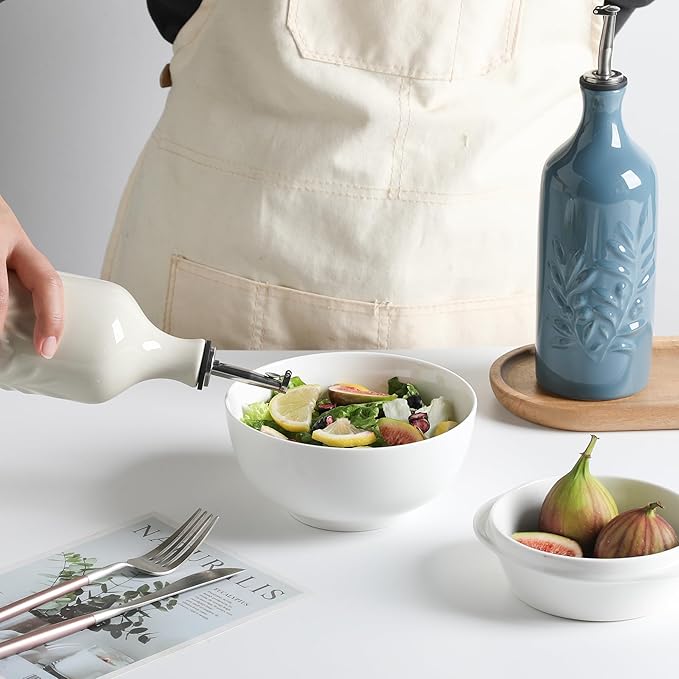 Sweejar Ceramic Olive Oil Dispenser Bottle, 20 Oz Relief Opaque Oil Cruet Protects To Reduce Oxidation, Suitable for Storage Vinegar, Soy Sauce,Liquids,Set of 2 (BeigeFogblue)