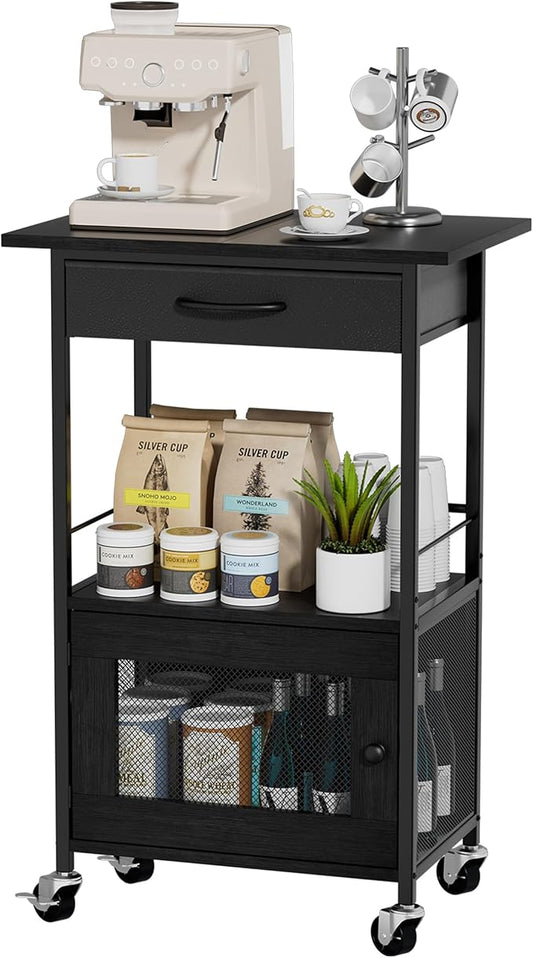 SWTYMIKI Buffets Coffee Bar Cabinet - Rolling Kitchen Rack, Farmhouse Small Coffee Stand with Storage Drawer and Door Cabinet - Kitchen Microwave Stand for Apartment, Living Room, Entryway, Black