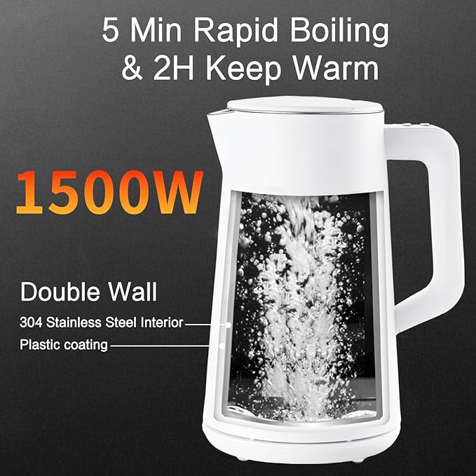 1.5L Electric Kettle Stainless Steel, Double Wall Cool Touch Teapot, Fast Boil,5 Temperature Control, LED Display, Auto Shut-Off,Keep Warm Function (Porcelain White)