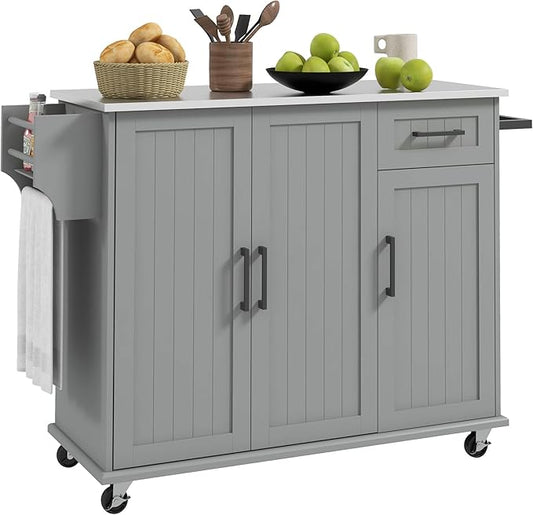 HOMCOM Kitchen Island Cart with Storage, Rolling Kitchen Island on Wheels with Drawer, 3 Cabinets, Stainless Steel Countertop, Spice Rack and Towel Rack, Gray