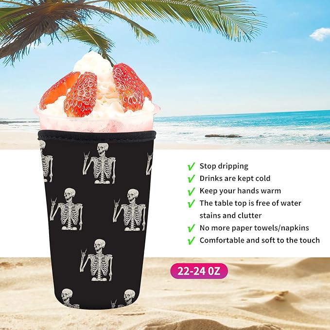 Reusable Neoprene Insulator Sleeve for Iced Coffee Cold Soda Cups, Cute Durable Drink Sleeve for Cold Beverages, Medium 22-28oz Cup Sleeve Cute Funny Skull