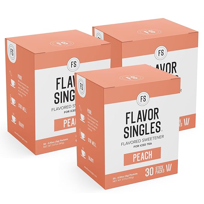 Flavor Singles Peach Powdered Sweetener Packets for Tea, Travel Ready Single-Serve Syrup Alternative, 30 Count (Pack of 3)