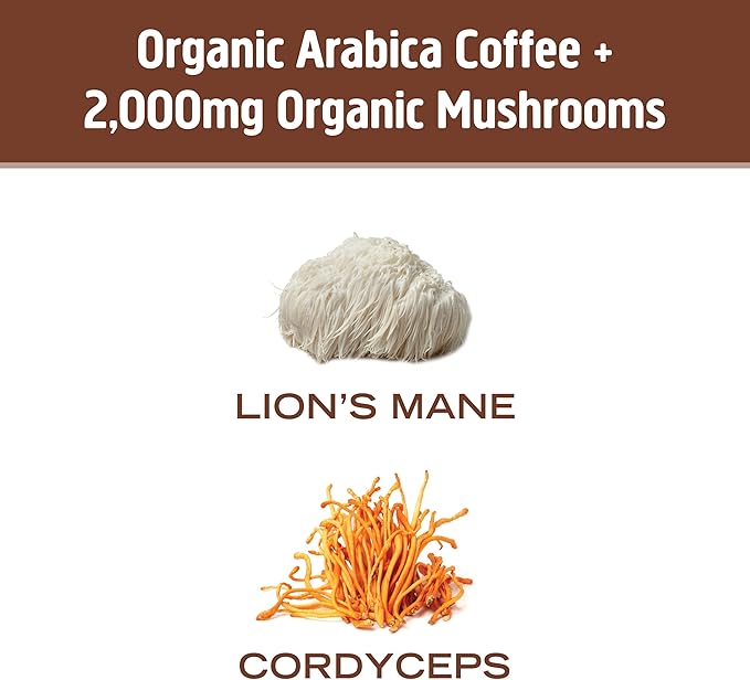 OM MUSHROOM SUPERFOOD Instant Coffee – Organic Arabica with Lion’s Mane, Cordyceps, Reishi, Turkey Tail & Ginkgo for Energy, Focus & Clarity – 6.24 oz Canister, 30 Servings