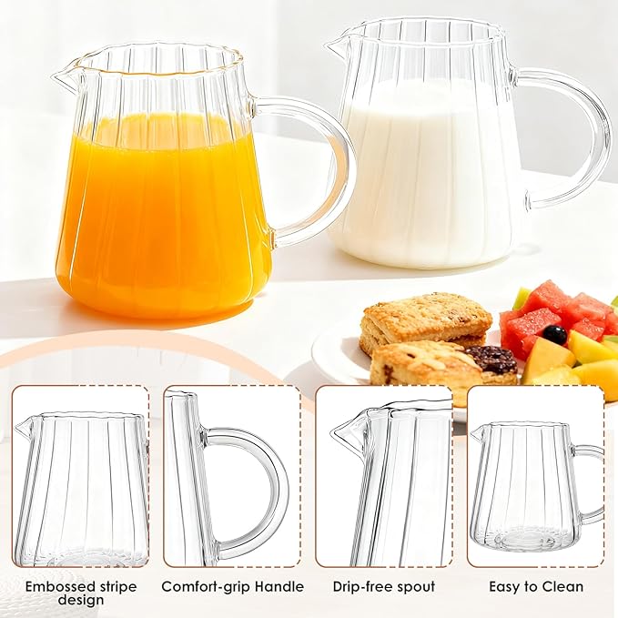2 Pcs Small Glass Creamer Pitcher With Box, 250ml Creamer Pitcher with Handle, Elegant Wave Shaped Small Glass Pitchers, Milk Frothing Pitchers, Serving Jug for Kitchen,Coffee Bar,Home
