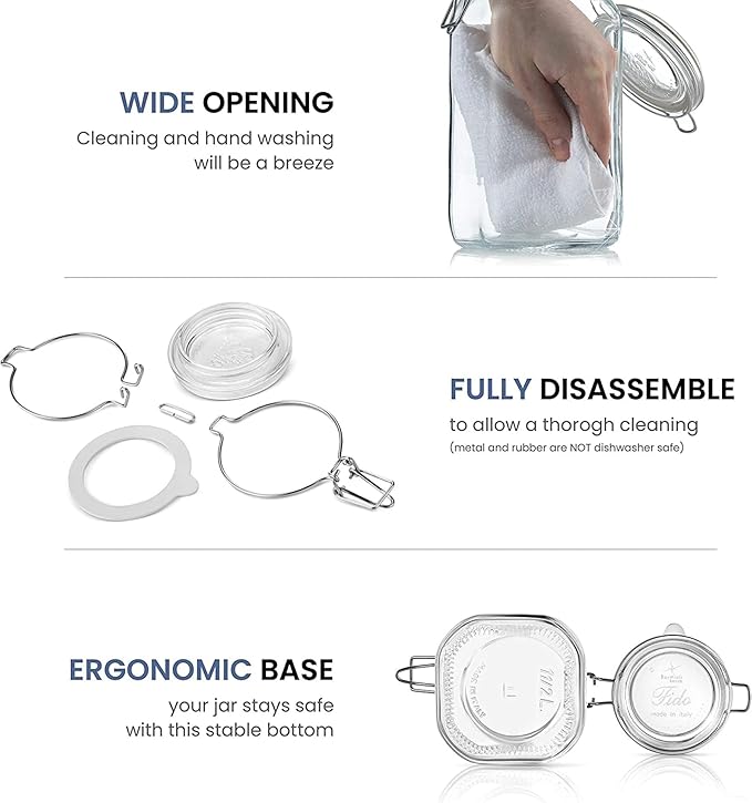 Bormioli Rocco Clear Glass Storage Jars: Airtight Hinged Lid With Leak Proof Gasket, Wide Mouth Canister Kitchen Food Container - For Zero Waste Air Tight Preserving Jam, Spices, Coffee, Sugar & Herbs