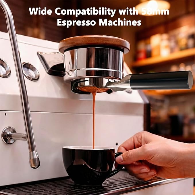 Espresso Accessories, 58mm Flat-Based Bottomless Portafilter with Dual-Layer 718 Micro-Sift Filter Basket, Anodized Aluminum Handle, Fits E61 Group Head Espresso Machines