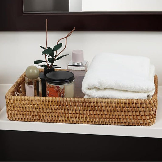 Rattan Serving Tray, Rectangle Coffee Table Tray with Handles, Decorative Ottoman Tea Tray Wicker Basket for Coffee, Bread, Fruits, Snacks, Breakfast, Drinks, Table Decor