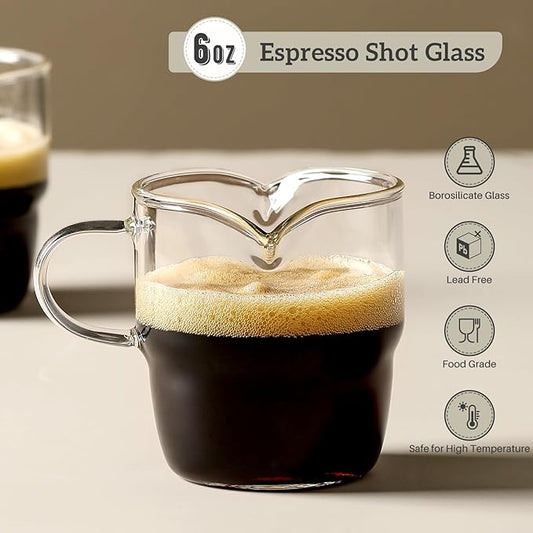NETANY 6 OZ Espresso Cups Set of 2, Double Spouts Stackable Cups, Espresso Shots Glass Mugs with Handle, Machine Accessories for Coffee Bar, Cute Clear Glasses for Gift