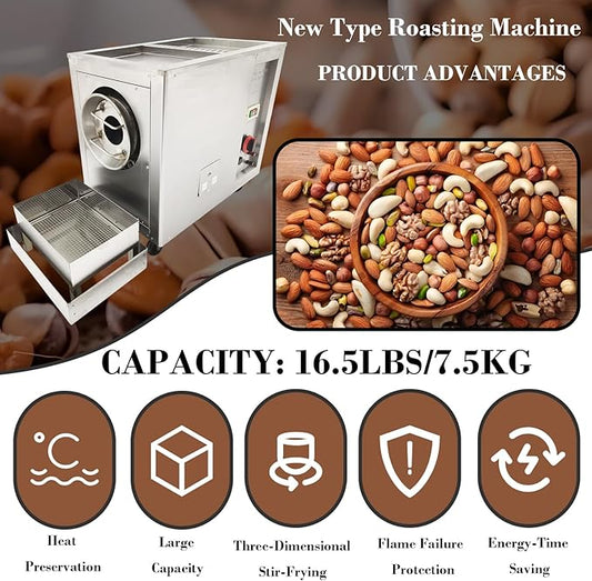 Commercial Gas Roaster Coffee Bean Nuts Drum Roasting Machine 16.5LBS Natural/Liquefied Gas Stainless Steel Roaster Frying Machine Melon Seeds Peanuts Nuts Chestnuts Baker Burner 0-300℃ 110V