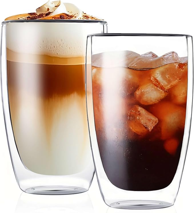 MESNEY Double Wall Espresso Cups 17 Oz, Glass Coffee Mugs Set of 2, Insulated Clear Cappuccino Latte Mugs for Home, Cafe & Restaurant, Durable Stackable Drinking Glasses